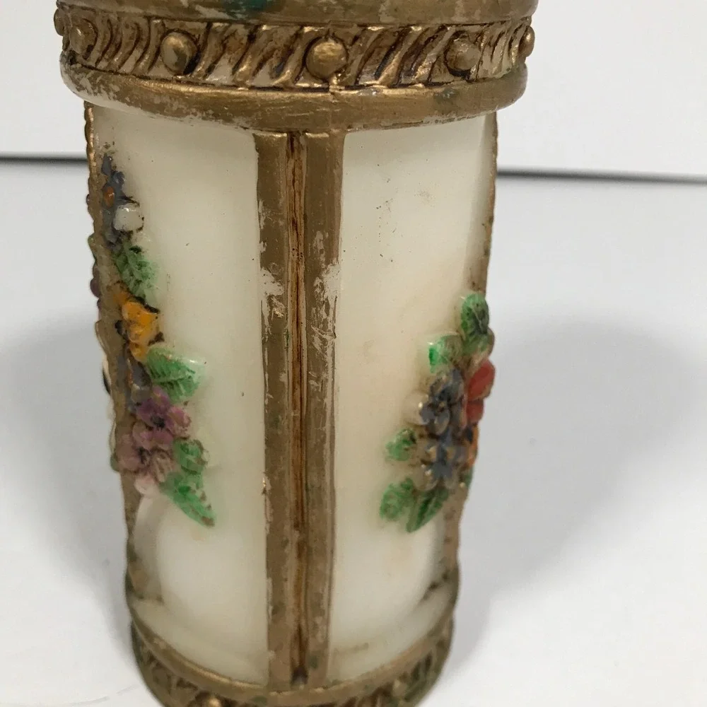 Vintage Floral Basket Relief Pillar Candle Gold Trim Decorative White Wax